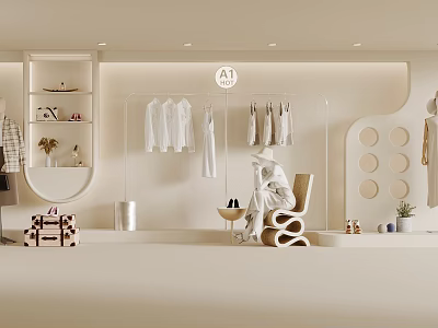 Modern Clothing Store Interior With Hanging White Clothes Display Racks And Decorative Chairs 3d model