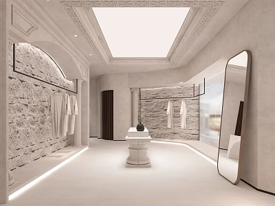 Minimalist Clothing Store Interior With Stone Walls Garment Racks And Large Mirror 3d model