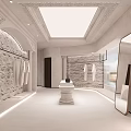 Minimalist Clothing Store Interior With Stone Walls Garment Racks And Large Mirror