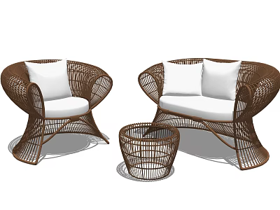 Outdoor Sofa Set With Two Wicker Chairs White Cushions And Small Coffee Table 3d model