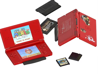 Red Nintendo DS Handheld Console Open With Game Cartridges And Screen Displaying Super Mario 3d model