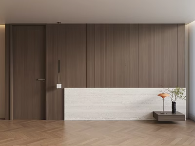 Modern Wooden Feature Wall Interior With White Panel Herringbone Floor And Side Table Plant 3d model
