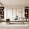 Modern Study Room With White Desk Black Chair Pendant Lights And Wooden Bookshelves
