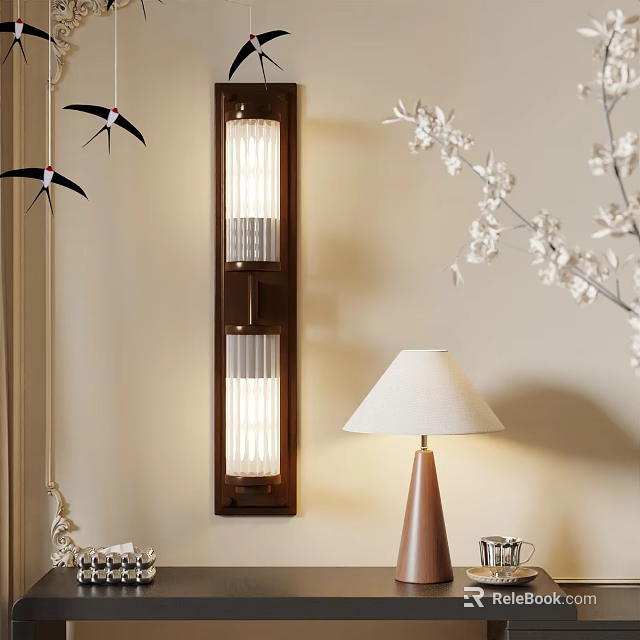 Warm Wooden Wall Lamp With Glass Shade In Cozy Interior With Table Lamp White Blossom 3d model 