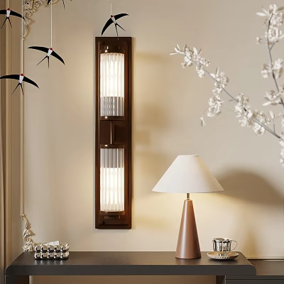 Warm Wooden Wall Lamp With Glass Shade In Cozy Interior With Table Lamp White Blossom 3d model