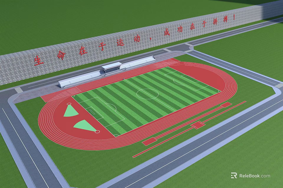 Outdoor Football Field With Green Striped Grass Red Running Track And Spectator Stands 3d model 