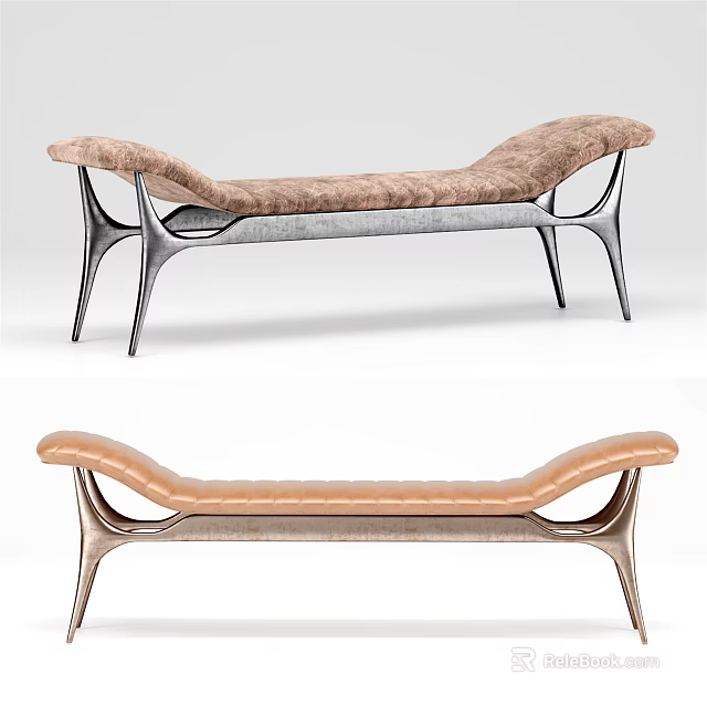 Modern Upholstered Ottoman With Brown Cushion And Metal Curved Support Base Design 3d model 