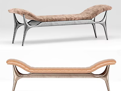 Modern Upholstered Ottoman With Brown Cushion And Metal Curved Support Base Design 3d model
