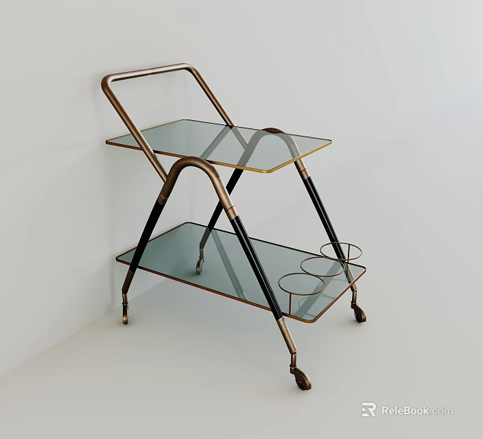 Modern Side Table With Metal Frame Glass Shelves And Rolling Wheels 3d model 