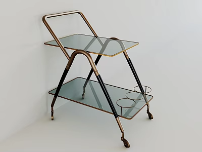 Modern Side Table With Metal Frame Glass Shelves And Rolling Wheels 3d model