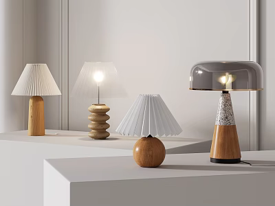 Modern Table Lamps With Wooden Bases And Pleated Transparent Shades On White 3d model