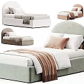 Modern Single Bed With Curved Velvet Headboard White Bedding And Brown Throw Blanket