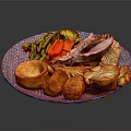Roast Turkey Meat Served With Fresh Vegetables And Yorkshire Pudding On Blue Plate