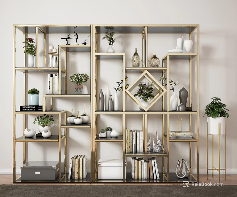 Modern Gold Display Shelf with Multiple Compartments for Vases Books Green Plants Decorations 3d model 