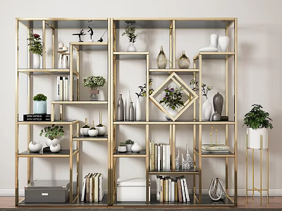 Modern Gold Display Shelf with Multiple Compartments for Vases Books Green Plants Decorations 3d model