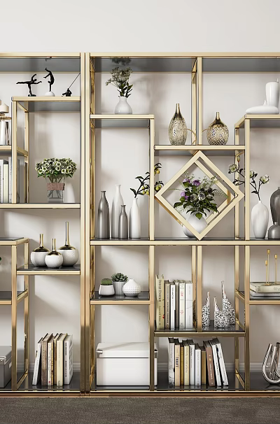 Modern Gold Display Shelf with Multiple Compartments for Vases Books Green Plants Decorations 3d model