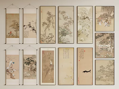 Traditional Chinese Landscape Paintings Scroll Art with Mountain Water Flower Bird Motifs and Calligraphy 3d model