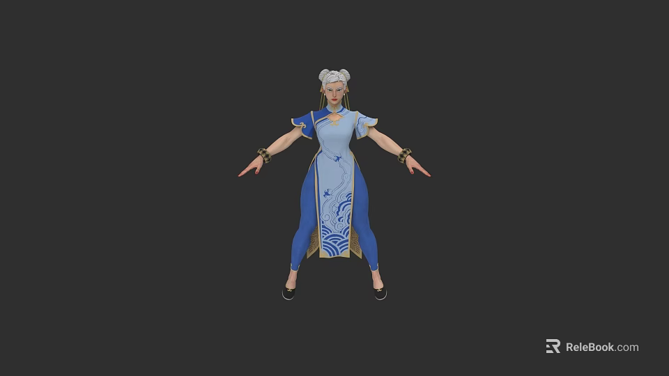 Eastern Style Game Movie Female Character With Blue Outfit White Hair And Outstretched Arms 3d model 
