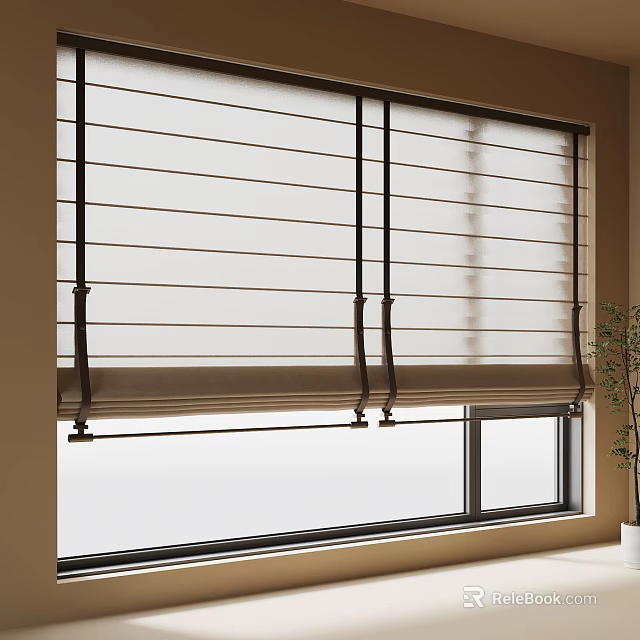 Beige Window Blinds With Black Frame Mounted On Large Window Interior 3d model