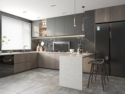 Modern Kitchen Interior With Dark Cabinets Quartz Island Pendant Lights And Refrigerator 3d model