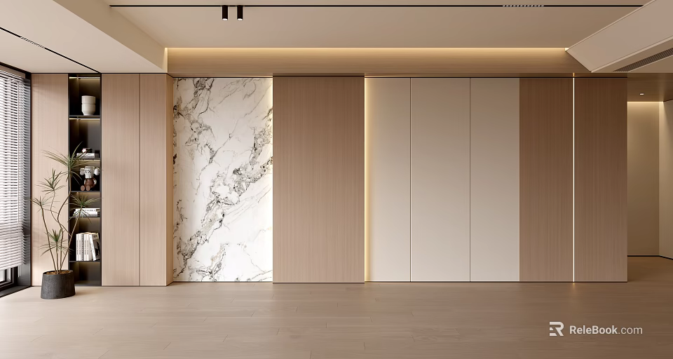 Modern Luxury Accent Wall Design With Marble Texture Wooden Panels And Led Lighting 3d model 