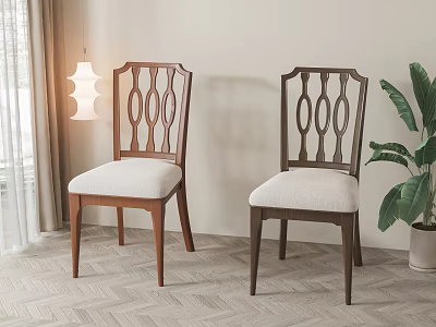 Wooden Dining Chairs With Openwork Backrest And Upholstered Seats In Cozy Interior 3d model