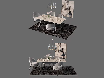 Stylish Dining Table Set With Gray Chairs Chandelier Decorative Vase And Patterned Rug 3d model