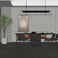 Modern Restaurant Interior With Round Dining Table Chairs Pendant Lights And Green Plant