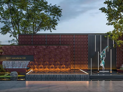 Royale Garden IV Evening Entrance With Textured Wall Water Feature Sculpture And Trees 3d model