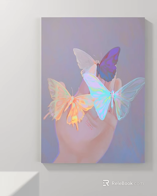 Abstract Painting Of Gentle Hand Holding Three Iridescent Butterflies On Soft Pastel Background 3d model 