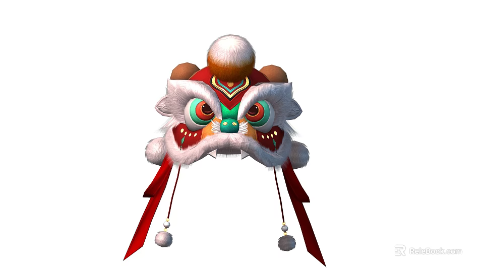 Traditional Lion Dance Hat with Red White Green Decorative Pom poms and Tassels 3d model 