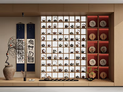 Traditional Tea Sets on Red and White Grid Shelves with Scrolls Pottery and Branches 3d model