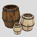 Three Wooden Barrels in Different Sizes with Metal Hoops and Rustic Design
