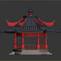 Traditional Chinese Style Pavilion Architecture With Red Eaves Gray Tiled Roof And Stone Steps