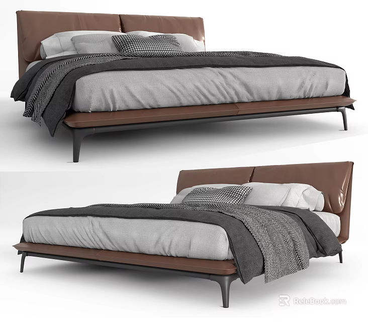 Modern Minimalist Double Bed With Leather Headboard Gray White Bedding And Black Metal Legs 3d model 
