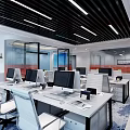 Modern Public Office Space Interior With White Desks Office Chairs Computer Monitors And City View