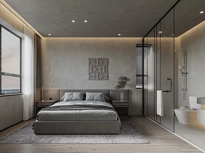 Modern Gray Bedroom Interior With Bed Nightstands Window Wall Art And Glass Partition Bathroom 3d model