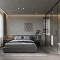 Modern Gray Bedroom Interior With Bed Nightstands Window Wall Art And Glass Partition Bathroom