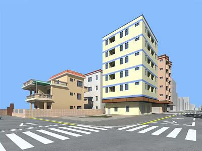 Colorful Multi Story Residential Buildings At Street Corner With Balconies And Zebra Crossing 3d model
