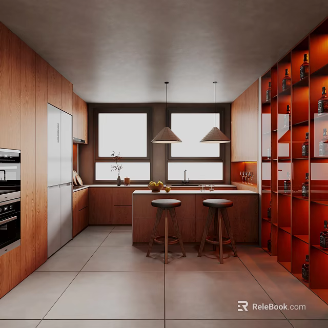 Modern Kitchen Interior Design With Wooden Cabinets Island Stools Pendant Lights And Stainless Steel Appliances 3d model 
