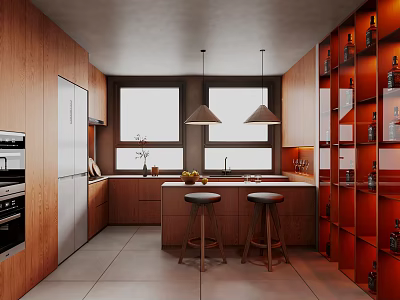 Modern Kitchen Interior Design With Wooden Cabinets Island Stools Pendant Lights And Stainless Steel Appliances 3d model