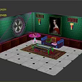 Vintage Living Room Interior With Green Walls Round Window Red Sofa Area Rug Coffee Table And Portrait
