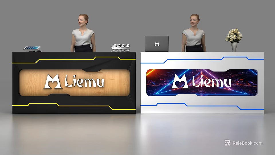 Liemu Reception Desk Design Featuring Wooden White Finishes Blue Yellow Accents And Monitor 3d model 