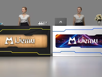 Liemu Reception Desk Design Featuring Wooden White Finishes Blue Yellow Accents And Monitor 3d model