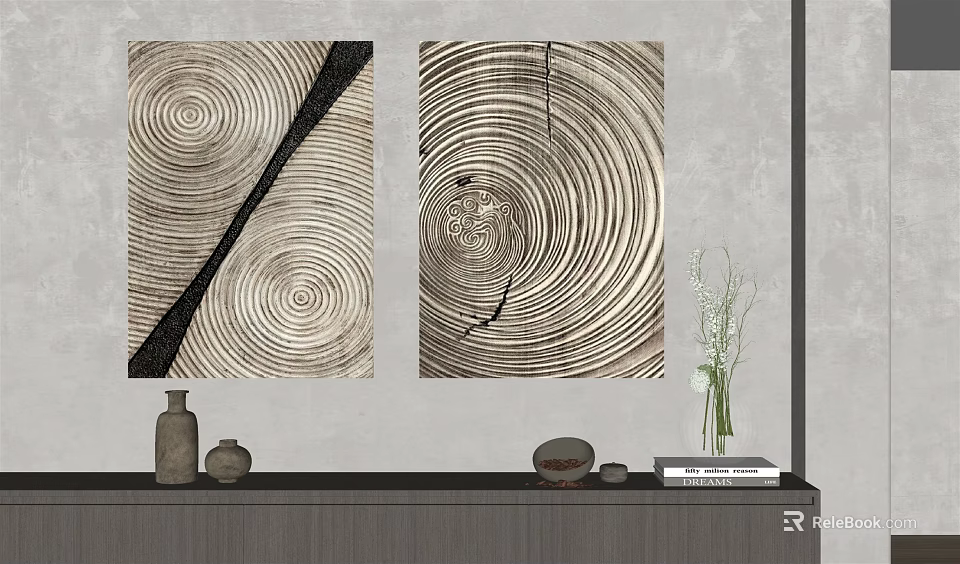Two Tree Ring Pattern Paintings On Wall With Shelf Vase Books And Decorative Items 3d model