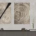 Two Tree Ring Pattern Paintings On Wall With Shelf Vase Books And Decorative Items 3d model