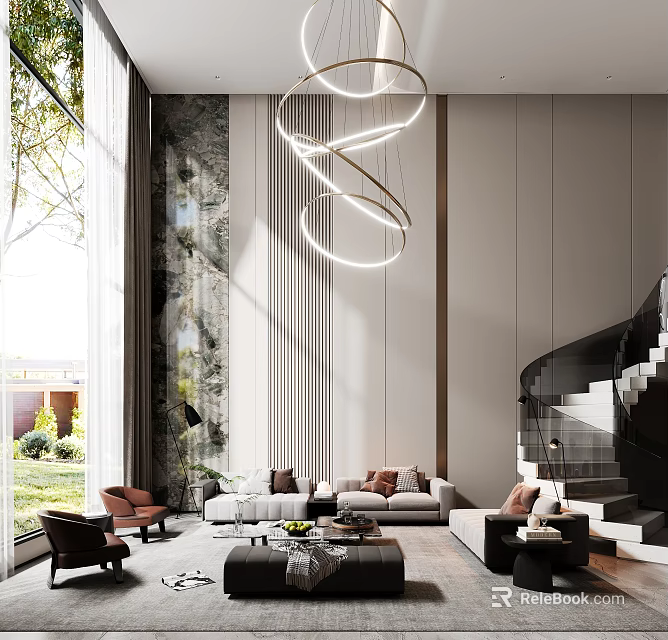 Modern Duplex Living Room Interior With Spiral Chandelier Sofa Staircase And Natural Light 3d model 