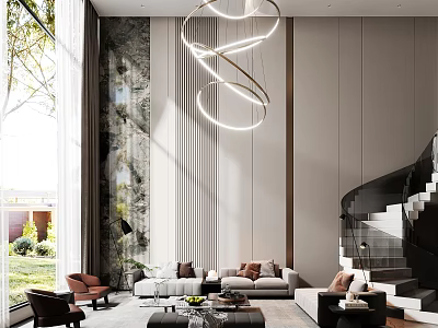 Modern Duplex Living Room Interior With Spiral Chandelier Sofa Staircase And Natural Light 3d model