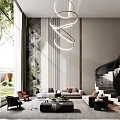 Modern Duplex Living Room Interior With Spiral Chandelier Sofa Staircase And Natural Light