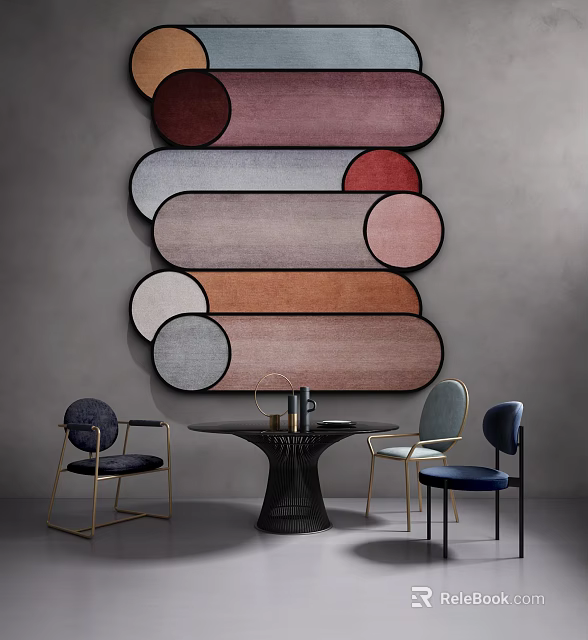 Modern Dining Table Set With Blue Chairs Gold Legs And Colorful Abstract Wall Art 3d model 